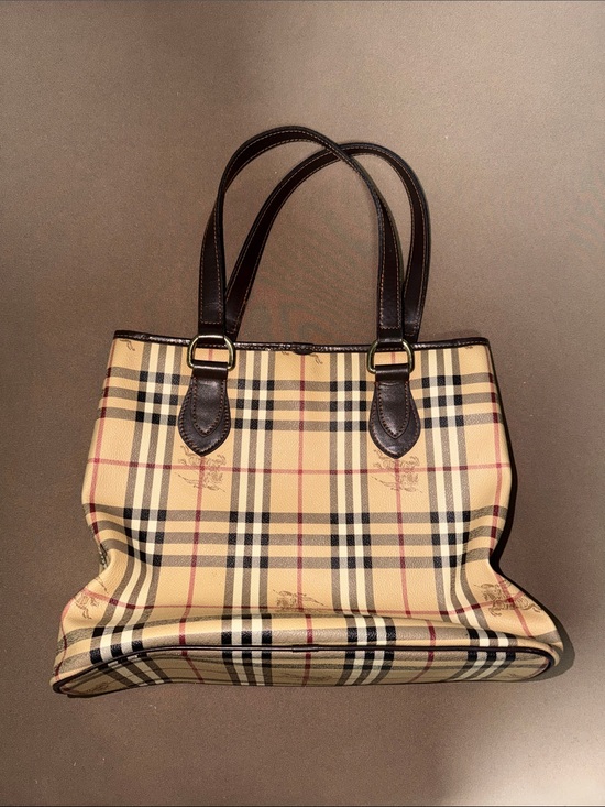 Burberry Handbags - Burberry Beige Check Tote with Dark Brown Leather Handles